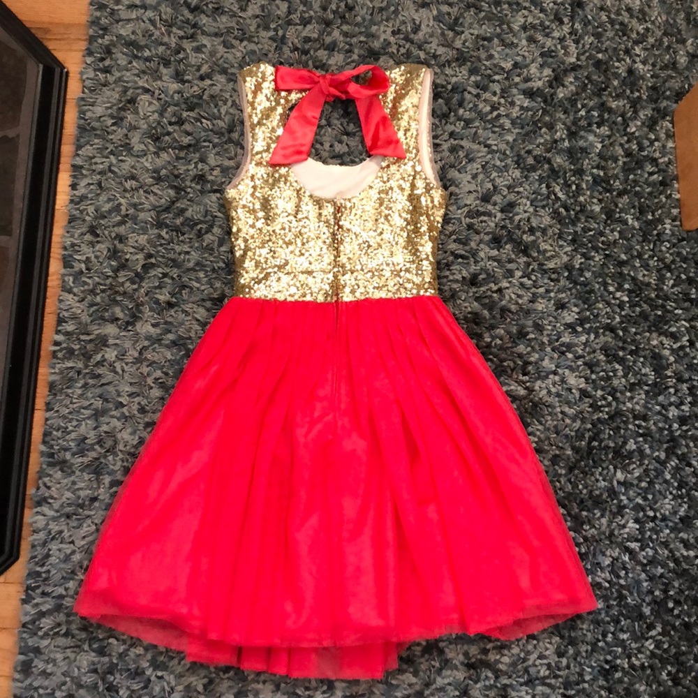 Coral and gold dress